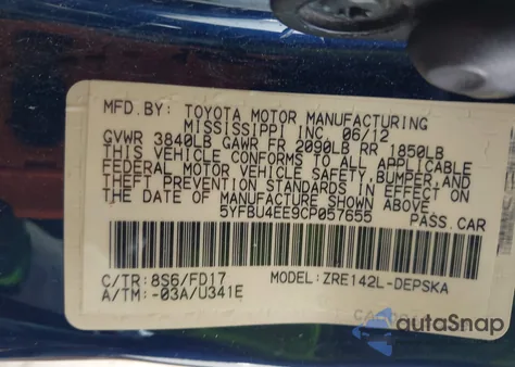 2012 Toyota Corolla S from USA, damaged, VIN 5YFBU4EE9CP057655